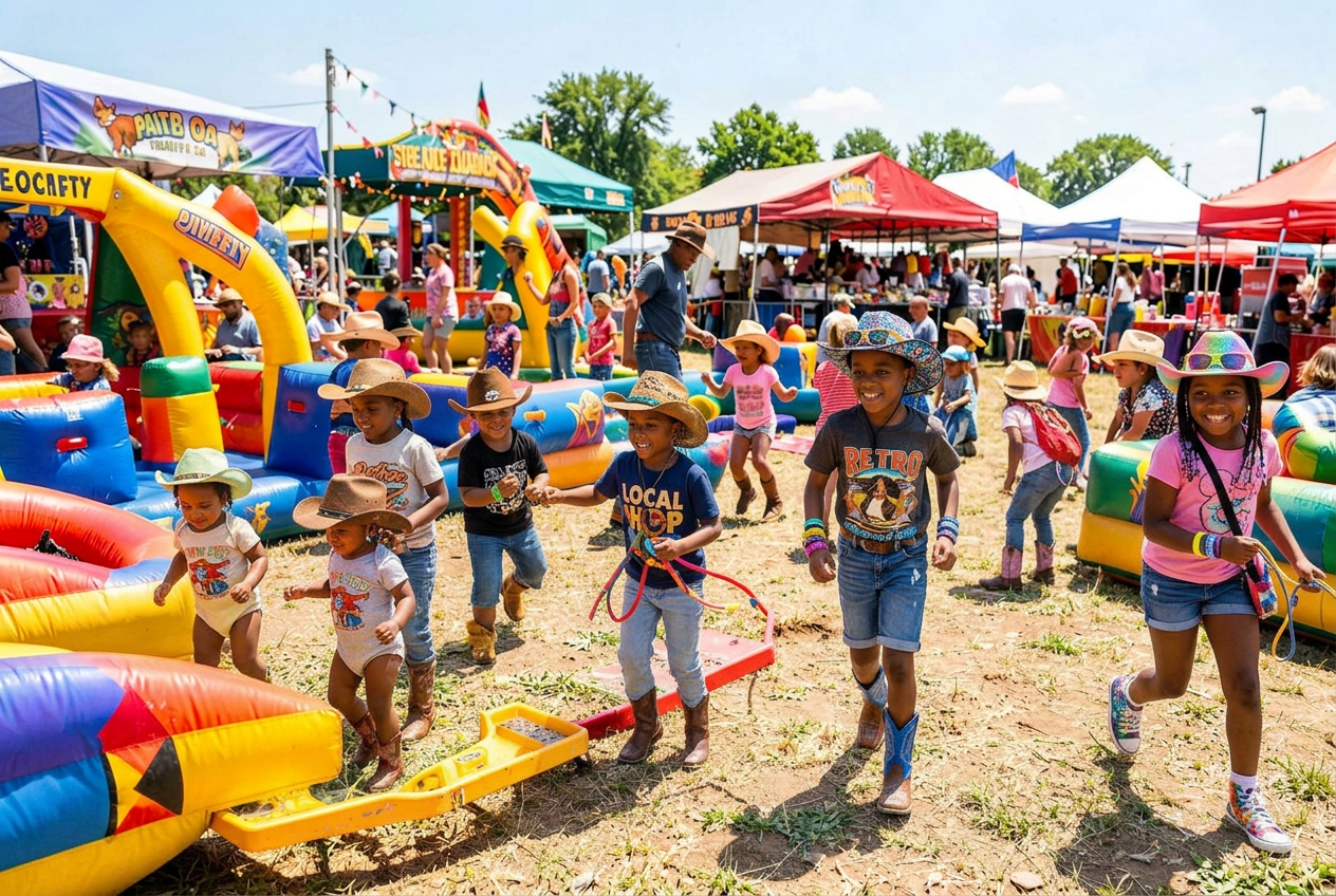 Kids playing KidZone games and inflatables at the family day festival