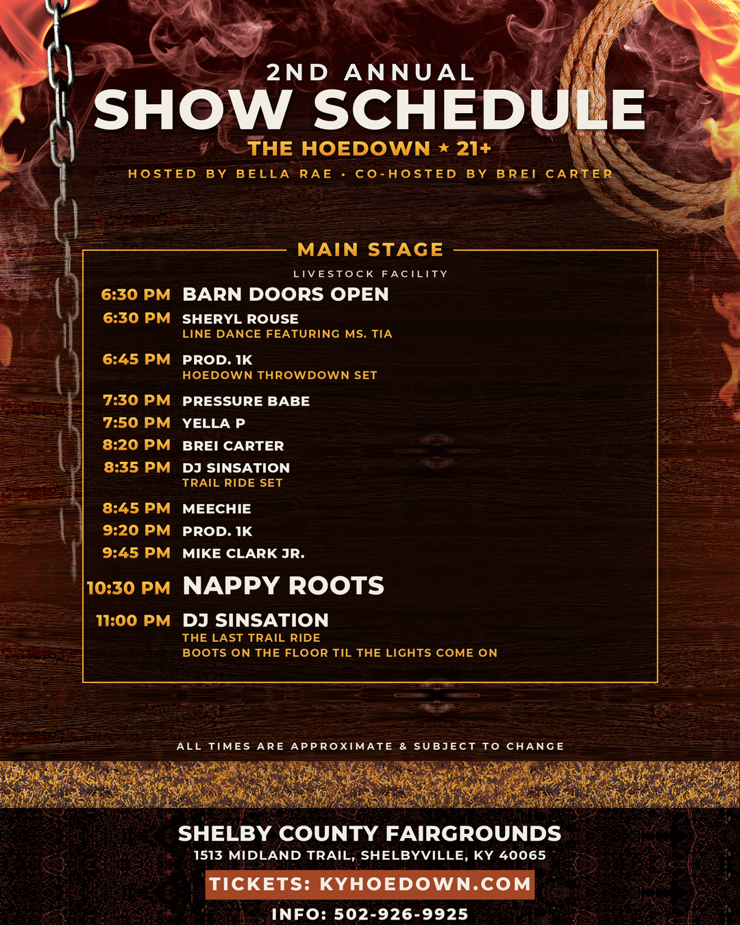The Hoedown main stage schedule, 21 and over