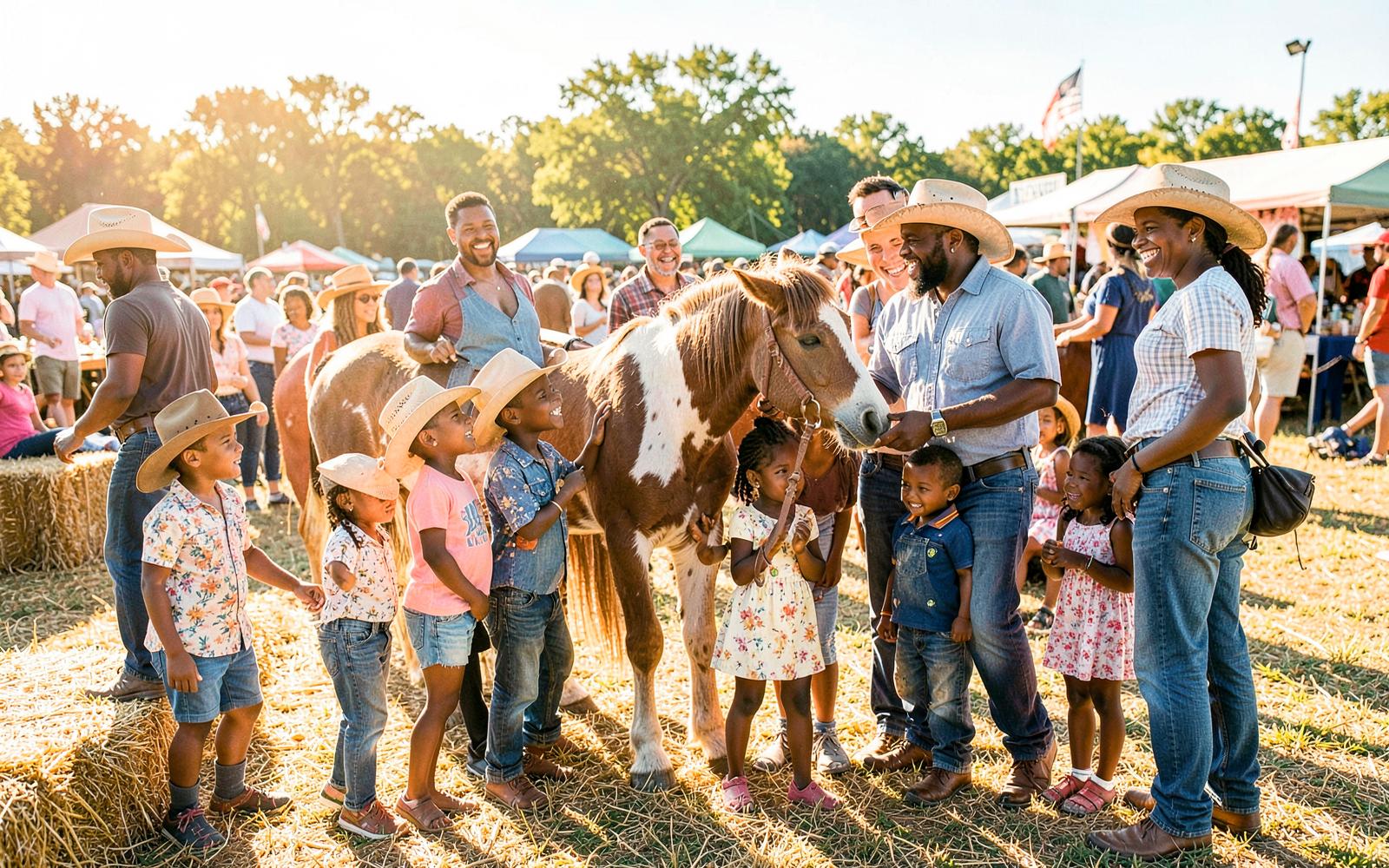 Families and children petting a pony at the Buckaroos Blues and Boots family day